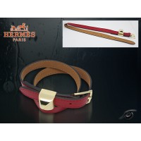 Hermes Double Tour Leather Red Bracelet With Gold